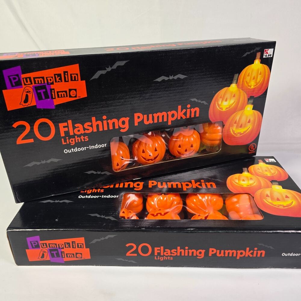 Vintage Pumpkin Time 40 Flashing Pumpkin Halloween Lights Lot of 2 Boxed